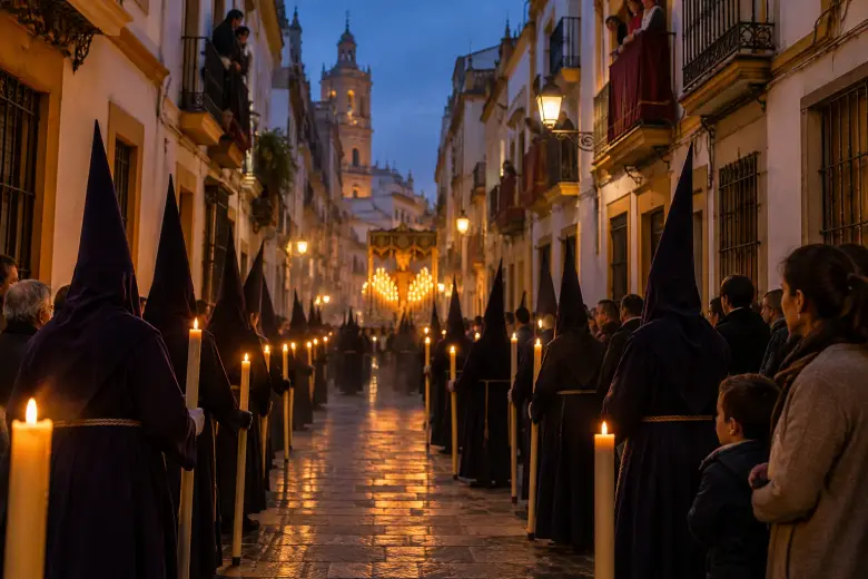 Nazarenos con cirios en una calle estrecha de Sevilla al anochecer, con un paso iluminado al fondo
