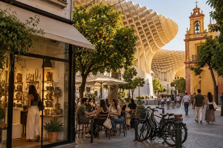 Terraza y pequeña tienda de diseño bajo la estructura de madera de las Setas de la Encarnación