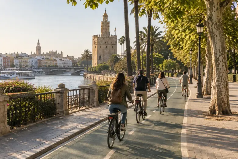 Grupo en bicicleta por el carril bici junto al Guadalquivir, con la Torre del Oro al fondo
