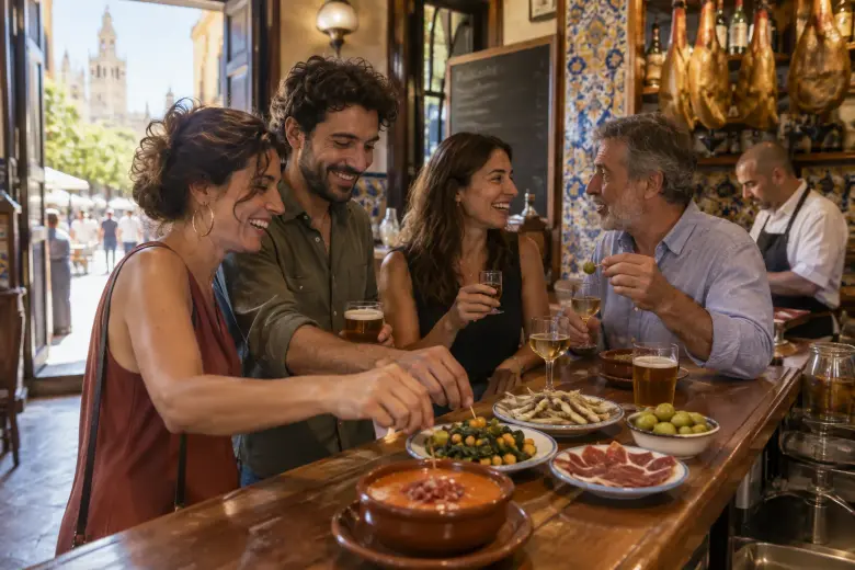 Amigos compartiendo salmorejo, espinacas con garbanzos, pescaíto y aceitunas en la barra de un bar sevillano