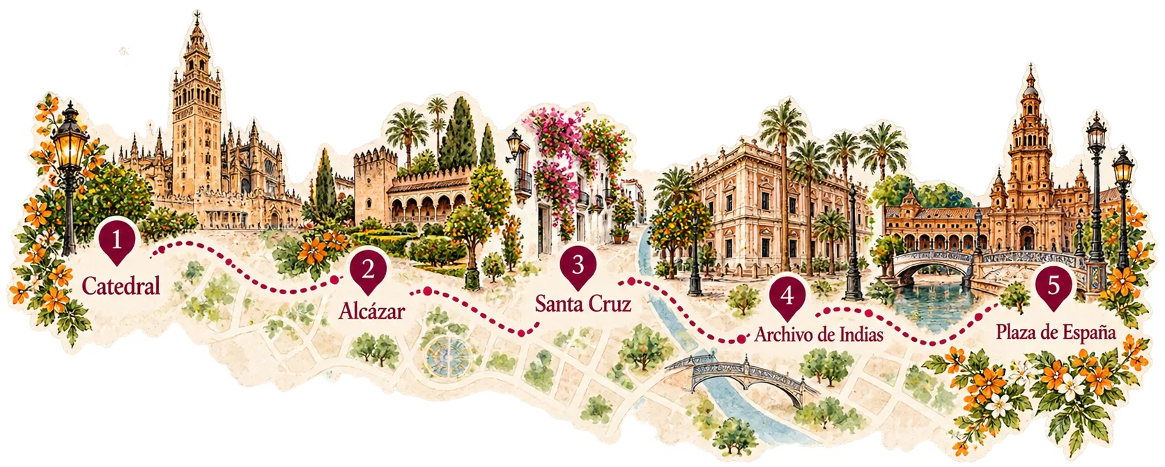 Mappa illustrata con Cattedrale, Alcázar, Santa Cruz, Archivio delle Indie, Plaza de España