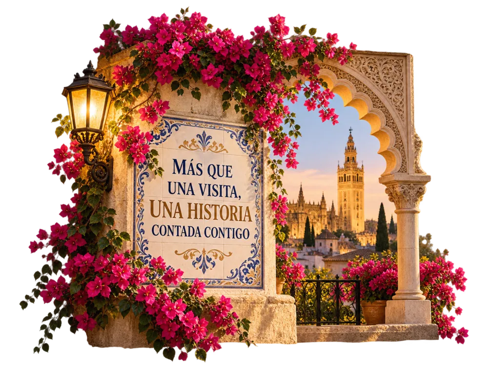 Un angolo di Siviglia con la Giralda, un lampione e le buganvillee